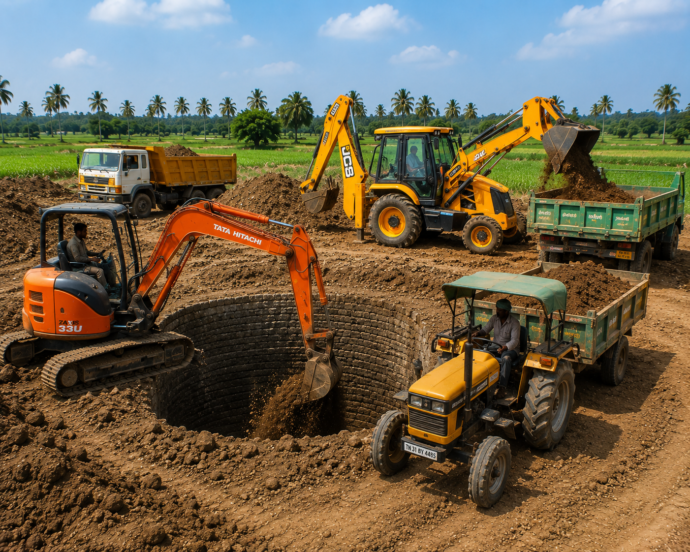 Professional Open Well Contractor digging new agricultural open well using Mini Hitachi in Tamil Nadu